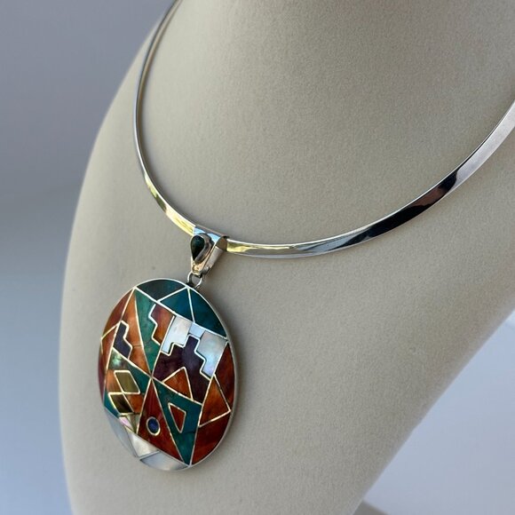 Peruvian 950 Sterling Silver Pendant | Circular Mosaic Inlay with Natural Stones - Picture 10 of 13